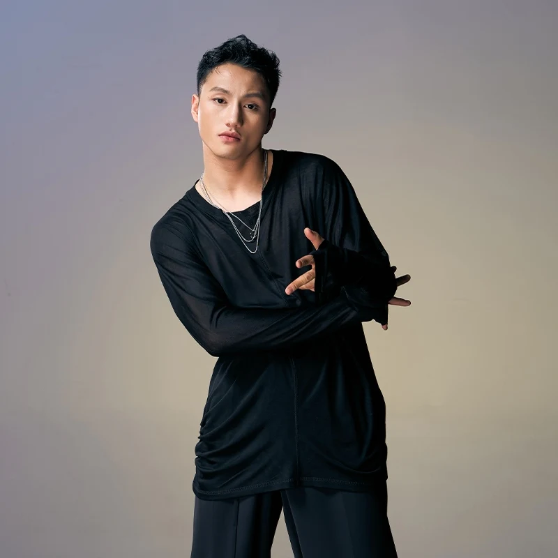 Men\'S Latin Dance Tops Male Long Sleeved V-Neck Mesh Training Shirt Adult Tango Samba Chacha Ballroom Dance Practice Wear 11243