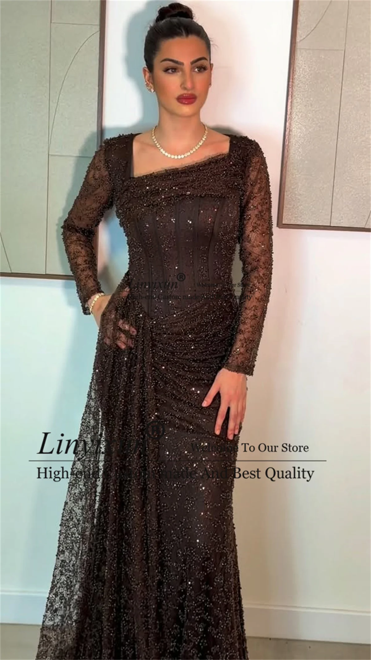 Arabic Dubai Mermaid Prom Dress Glitter Beaded Sequins Evening Party Second Reception Customized Sleeveless Robe De Soiree
