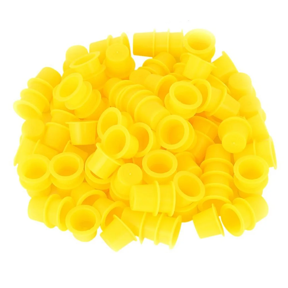 

100Pcs Disposable Ink Cups Ink Caps Tattoo Pigment Holder Eyelash Makeup Eyebrow Permanent Tattoo Supplies Size M Yellow