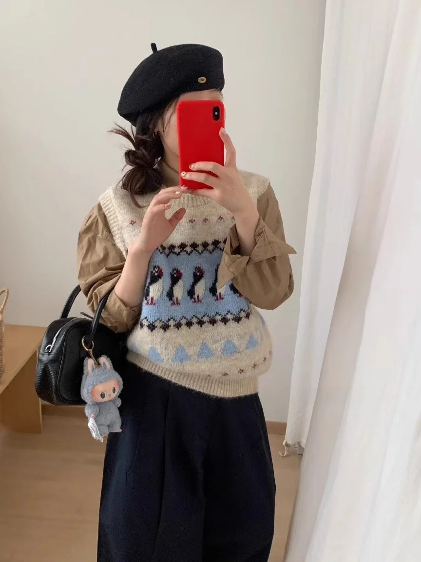 

Retro Cartoon Penguin Knitted Sweater Women's Svel round Ne Vest Autumn Winter Layering Faion Soft Wool Blend