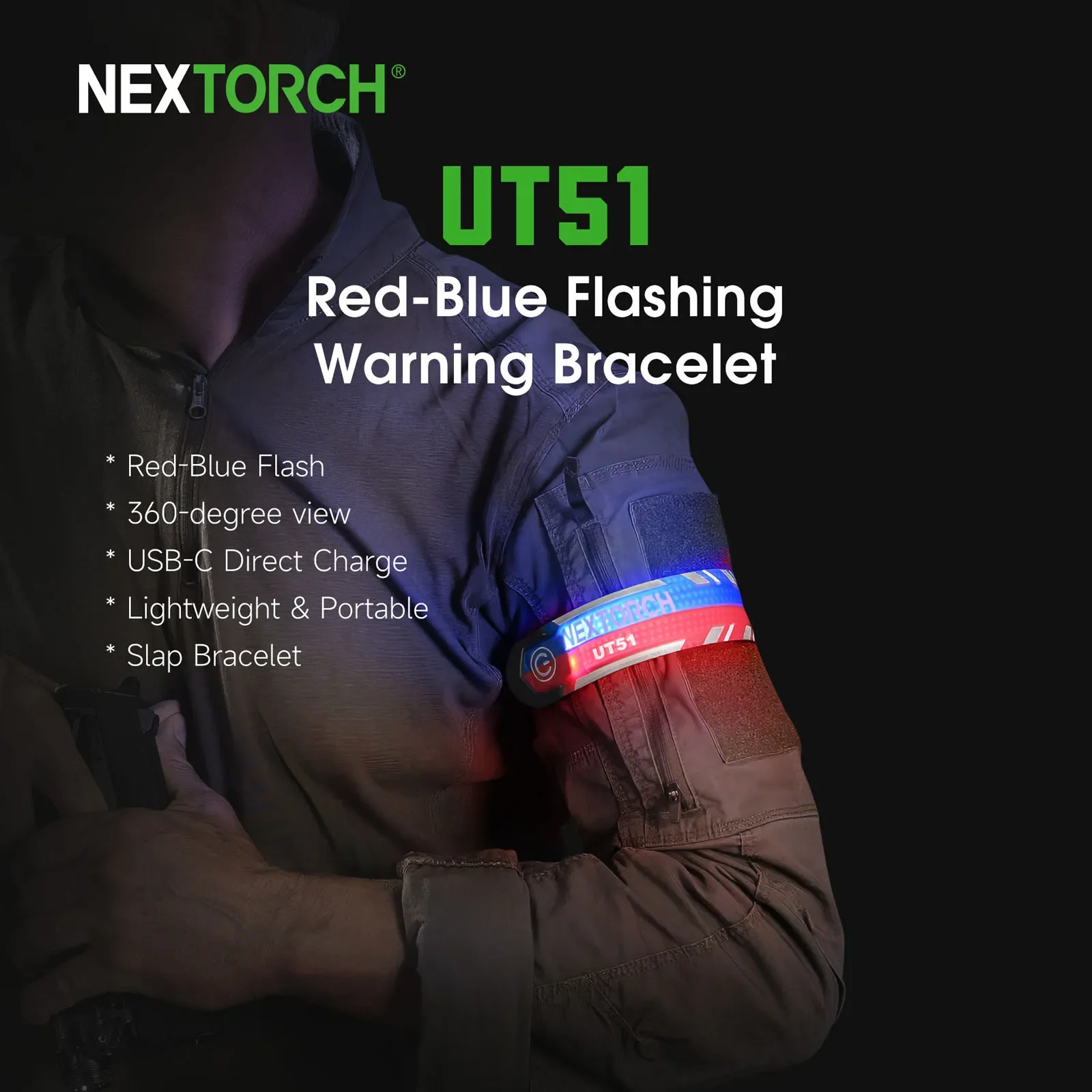 NEXTORCH-Bracelet d\'avertissement flash LED rouge et bleu UT51, course de nuit, cyclisme, extérieur, type d\'anneau lumineux à 360 degrés, type C