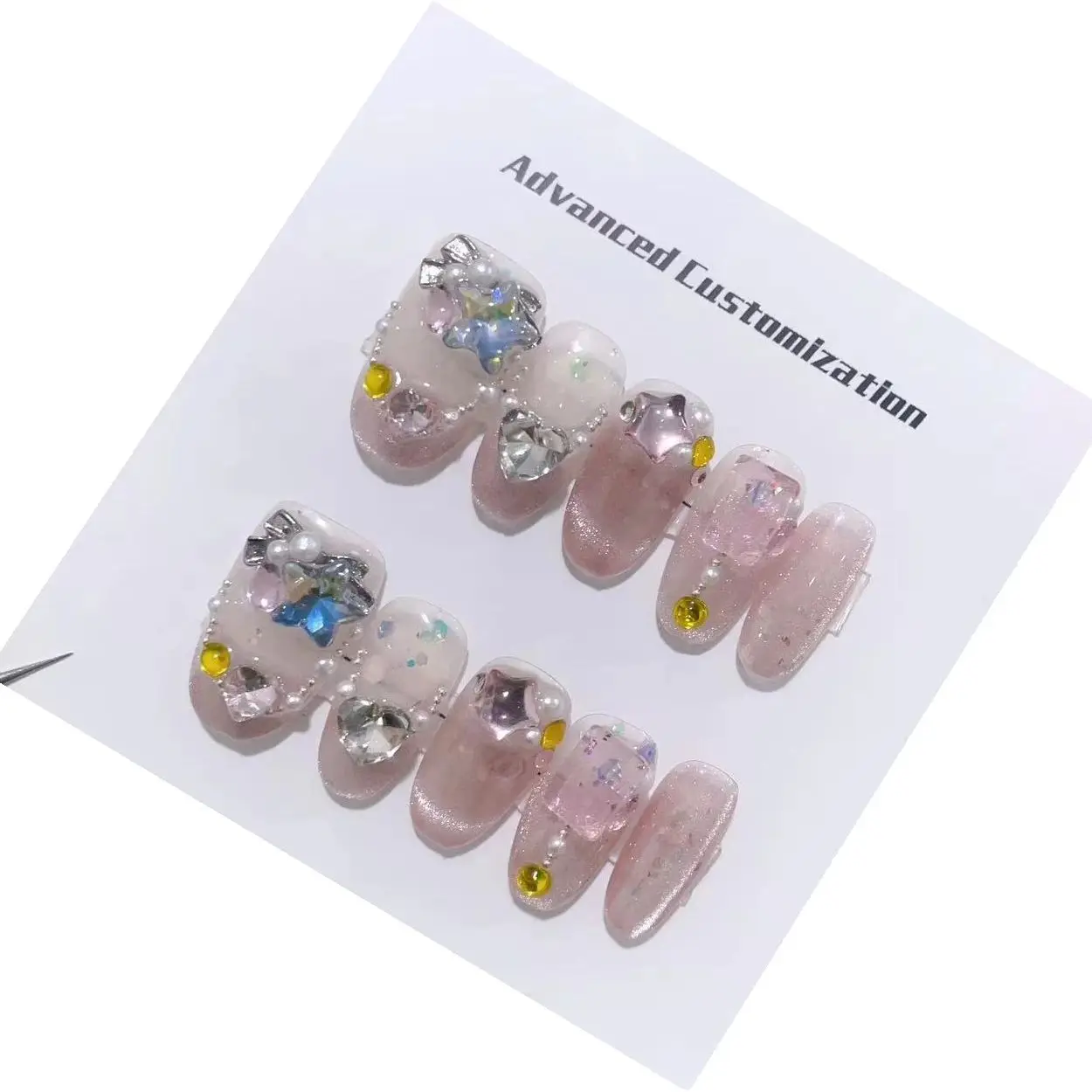 Emmabeauty Princess Różowy Rhinestone Odpinany Wielokrotnego Użytku Wysokiej Jakości Elegancki Luksusowy Wybielający Ręcznie Robiony Naciśnij na Paznokcie. Nr E500