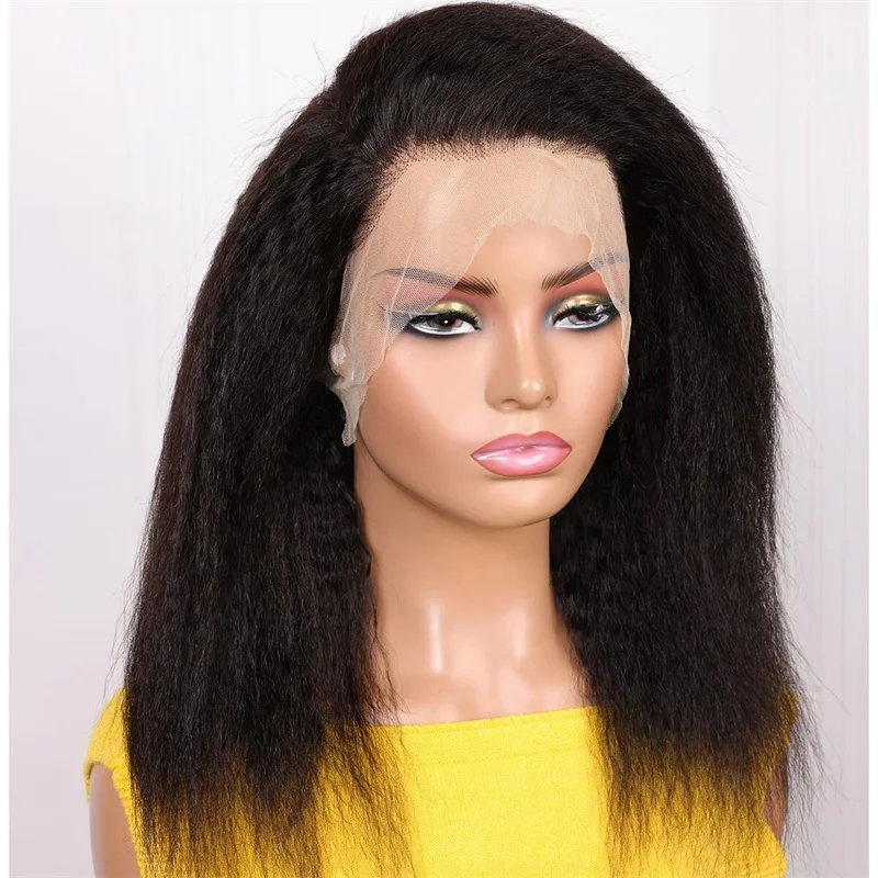 شعر مستعار أسود ياكي غريب مستقيم ناعم طويل 16 بوصة باروكة أمامية من الدانتيل للنساء مع شعر بيبي هير بدون صمغ يوميًا