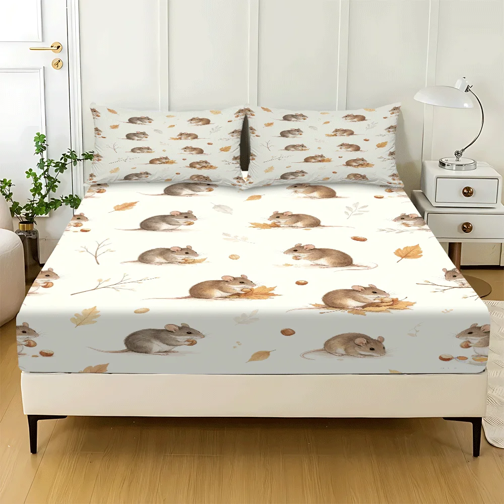 3-Piece Mattress Protector Set, Minimalist Style, Super Cute Mouse Maple Leaf Mattress Cover, Suitable for All Seasons, Machine Washable, Can Be Used in Home, Dormitory, Master Bedroom, Guest Room, Soft and Skin-Friendly, Dust-Proof and Mite-Proof, High Elasticity Fit