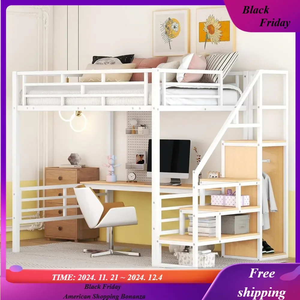 Modern Full Size Loft Bed with Staircase and Desk, Metal Loft Bed Frame with Wardrobe and Storage Shelves, Study breaks in one