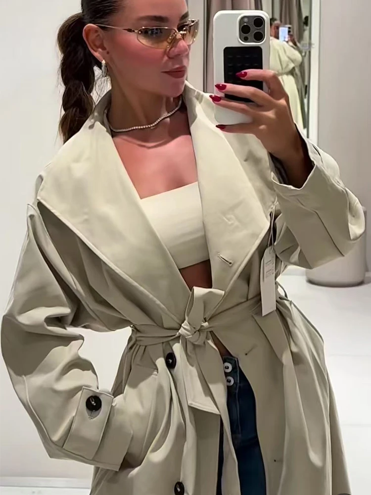 Women Long Trench Coat Classic Retro Loose Outerwear Belted Waist Autumn New Button Up Jacket Fashion Casual Lady Streetwear