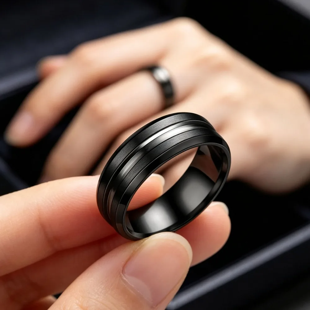 Men Matte Black Grooved Stainless Steel Ring Fashion Statement Band Engagement Wedding Birthday Daily Jewelry