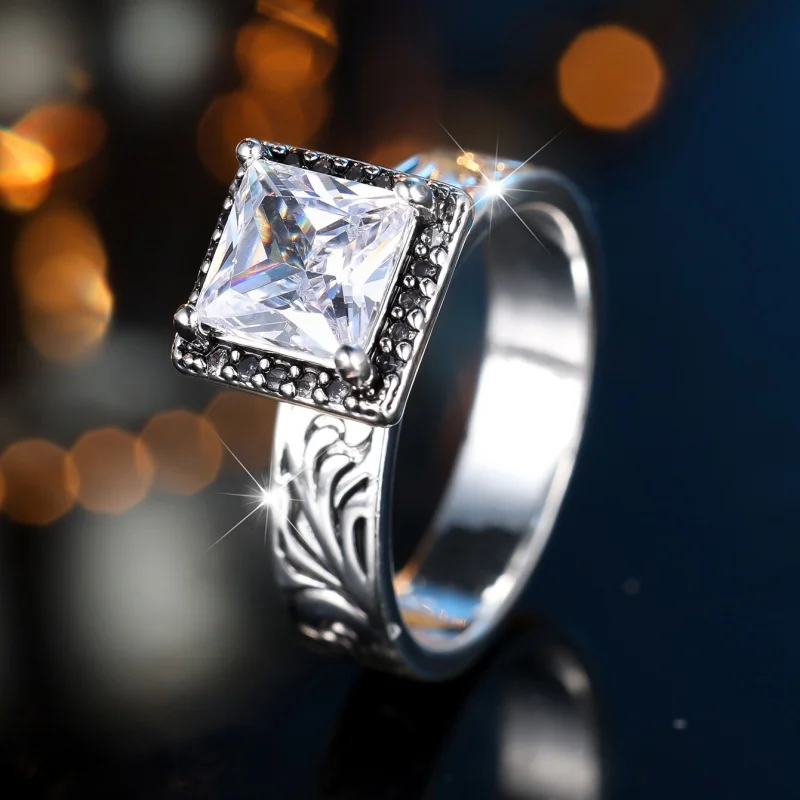 2026 New European and American Retro Vintage Square Zircon Ring with Inlaid Pattern, Arm, and Grand Women's Accessory