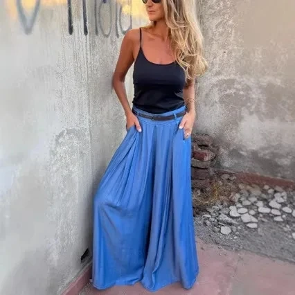 

2026 Wide Leg Pants Women Summer Large Flare Skirt Pants Design Sense Waist Cinching Draping Trousers