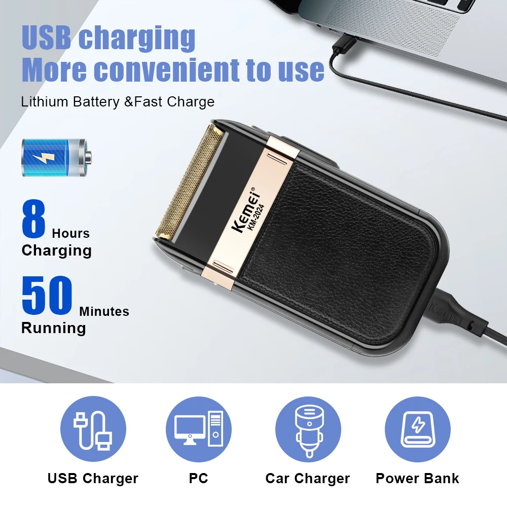 Kemei Electric Shaver for Men Waterproof Twin Blade Reciprocating Cordless Razor USB Rechargeable Shaving Machine Barber Trimmer