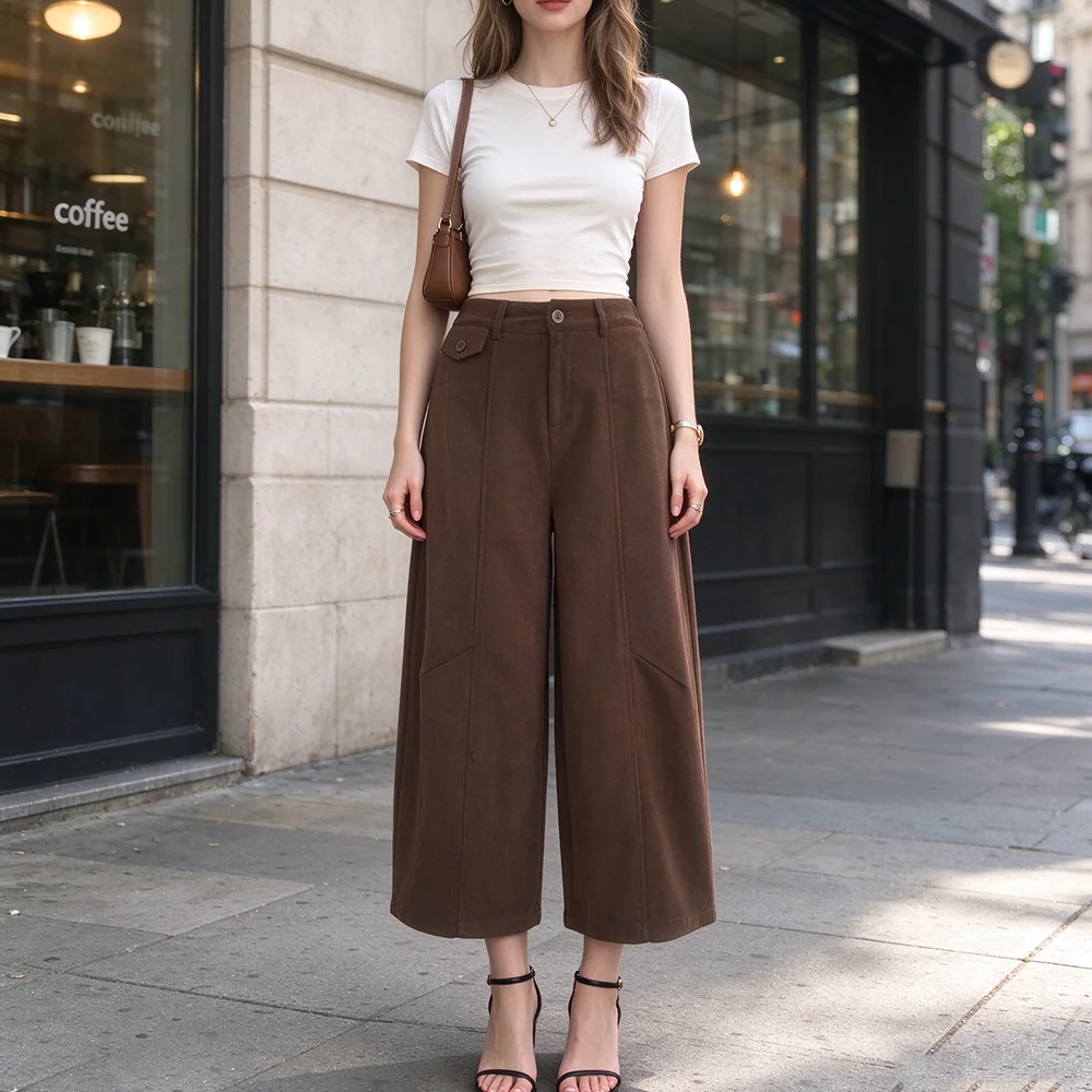 Women High Waist Brown Wide Leg Cropped Pants Autumn Winter Vintage Stitch Decor Culottes Elegant Office Lady Casual Trousers