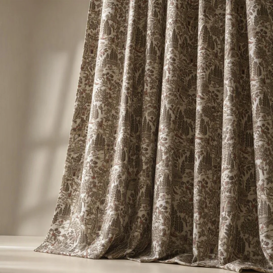 Retro Rural Garden Print Curtain, Linen‑like House Tree Window Drapes, Farmhouse Style Curtains for Bedroom