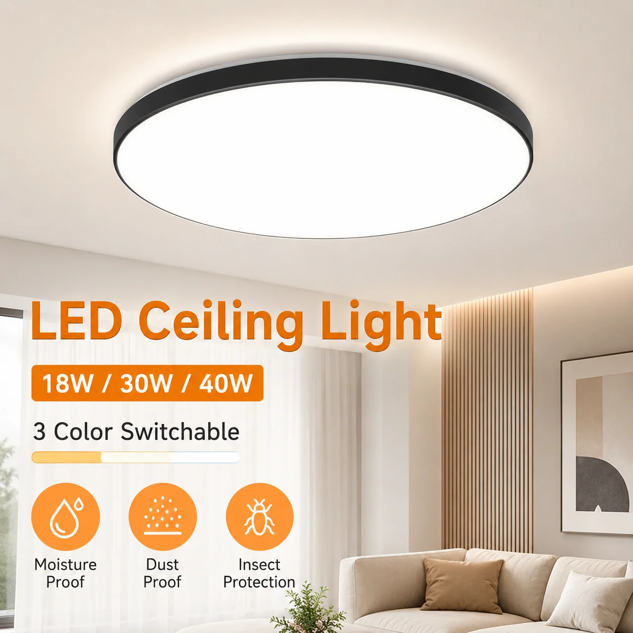 Three Proof LED Ceiling Light 85-265V Indoor Bathroom Lamp Led Ceiling Panel for Living Room Bedroom Dustproof Led Ceiling Lamp