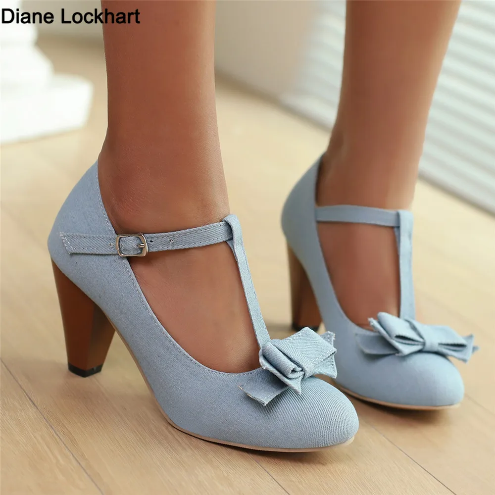 

2024 Spring Summer Girls High Heel Shoes Denim Pumps T-Buckle Fashion Women's Spike Heels High Heels for Office Party Banquet