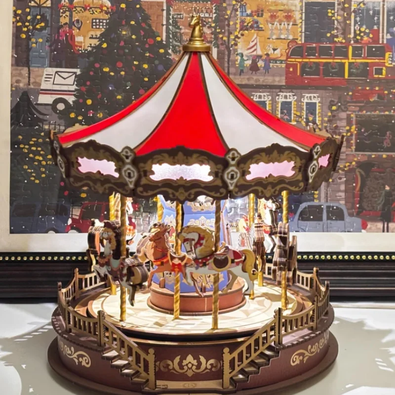 Caixa de música bloco de construção modelo kit diy artesanal montagem criativa brinquedo para as mulheres presente natal com recurso carrossel criativo