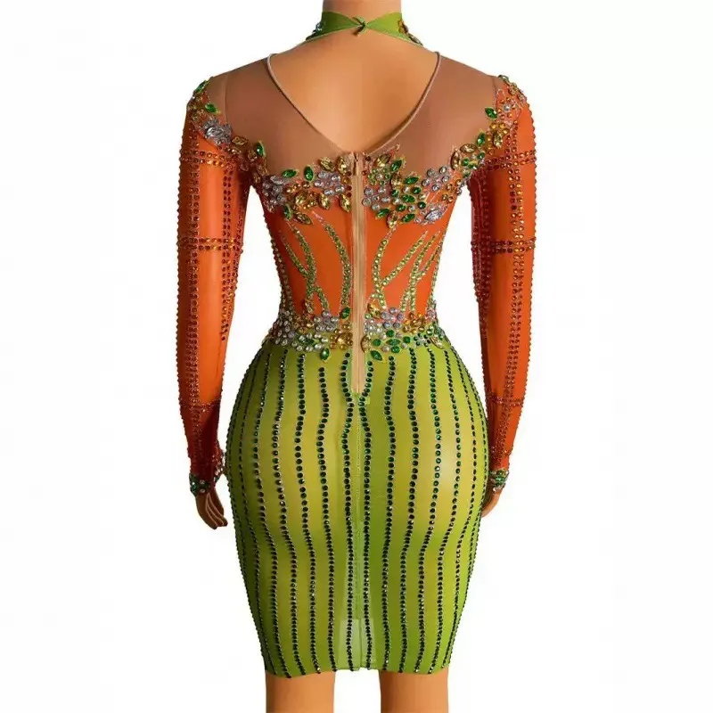 Sparkly Diamond Short Dress Sexy Mesh See Through Celebrate Evening Party Singer Performance Costume Luxury Birthday Dress