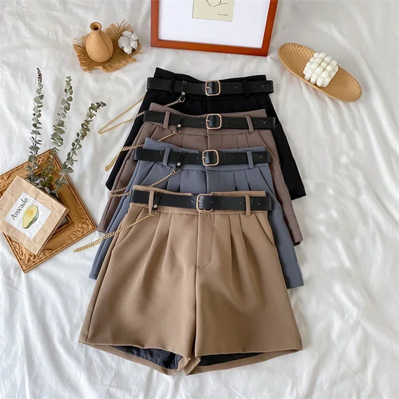 Women's Office Shorts High Waist Thin Wide Legged A-Line Suit Shorts Female Korean Style Casual New Short Pants with Belt