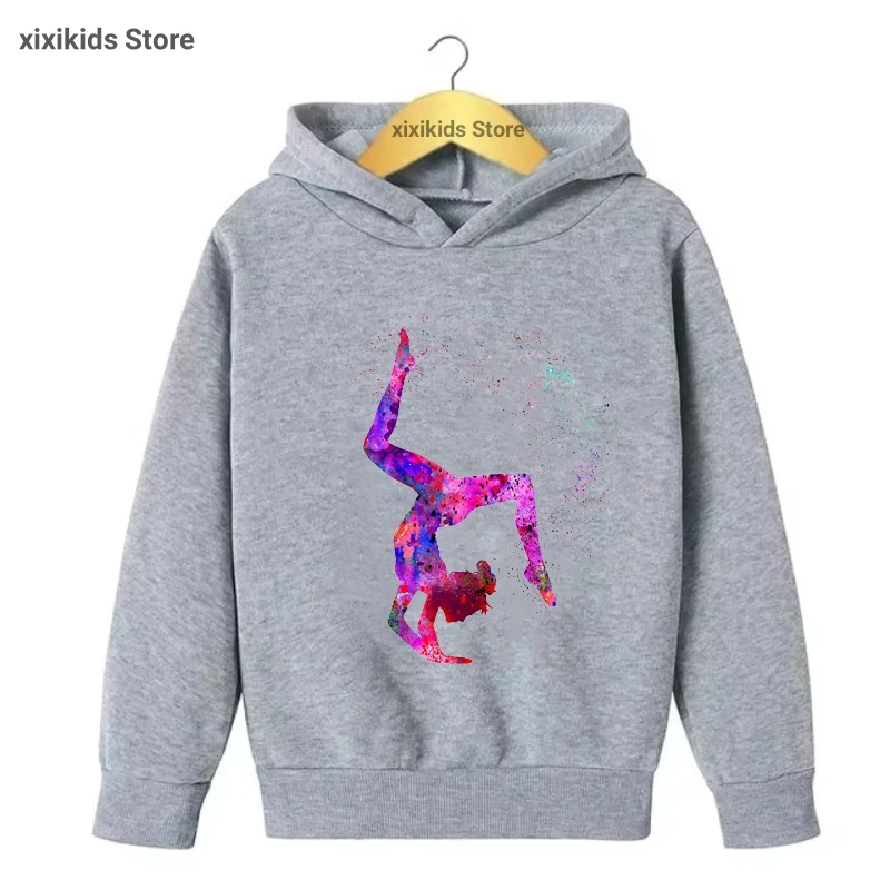 2025 Watercolor Artistic Gymnastics Printed Cap Hoodies Funny Sports Kids Clothes Spring/ Autumn/Winter Plus Velvet Sweatshirt