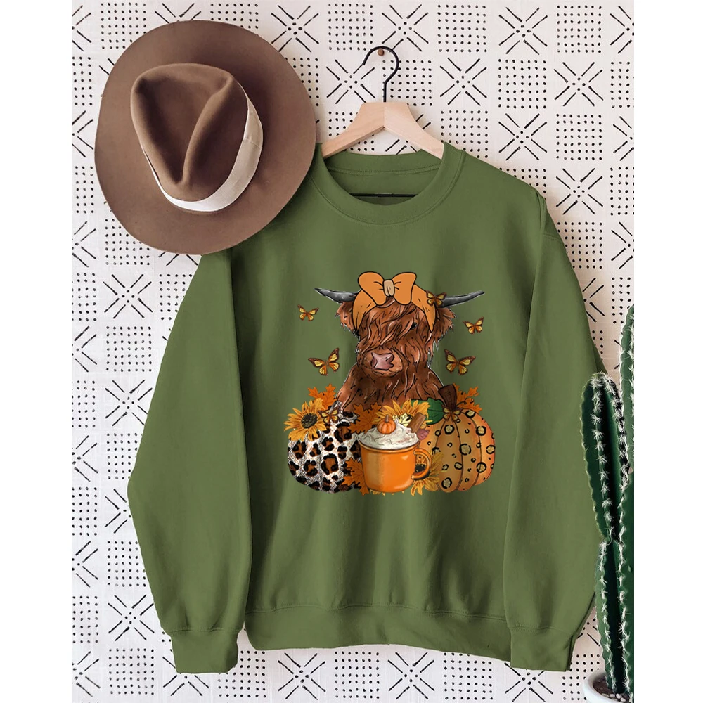 Rheaclots Pumpkin Cow Print Women's Cotton Female Cute Long Sleeves Sweatshirt