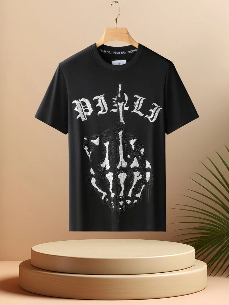 

Summer 2025 Men's Faion Brand T-irt Heavy Embroidery Silk Cotton round Ne ort Sve with Skull Letter Rhinestone