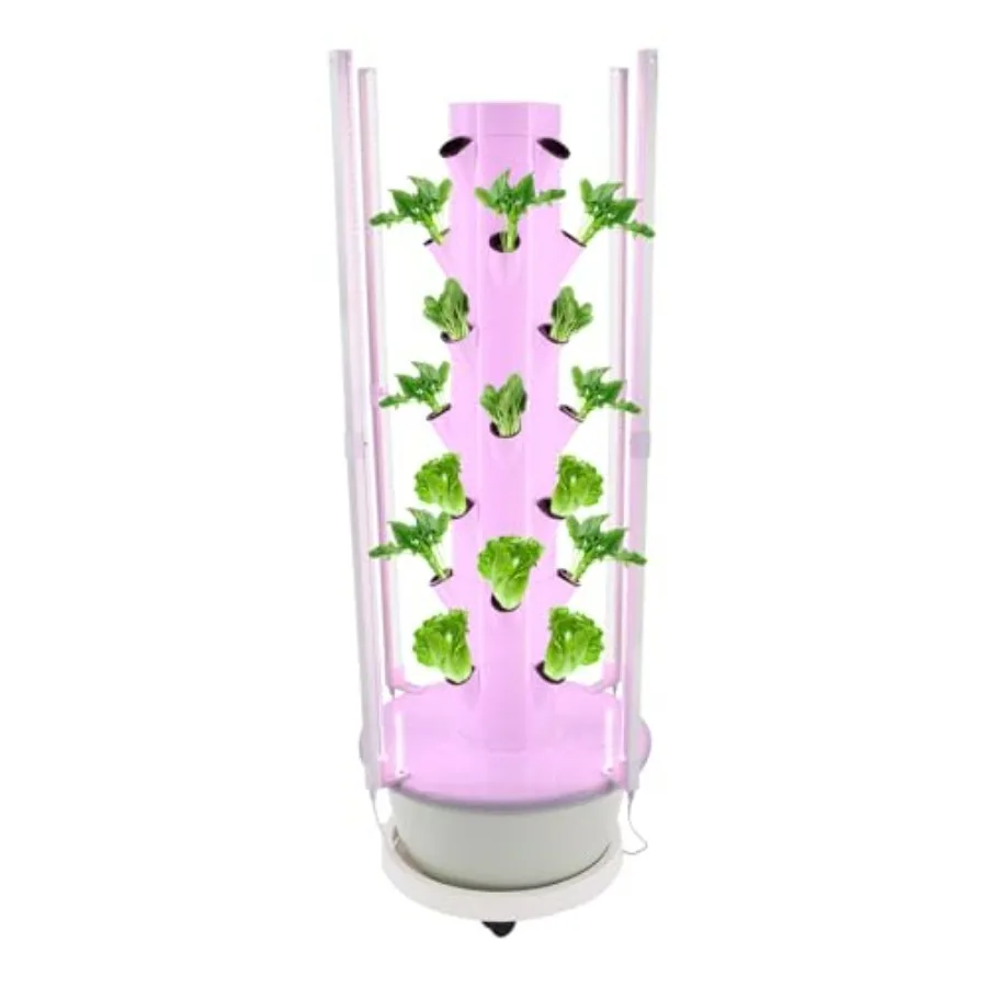 Hydroponic growing tower for indoor/outdoor garden farms and schools: white 7-tier vertical system with LED grow lights, 24-hou