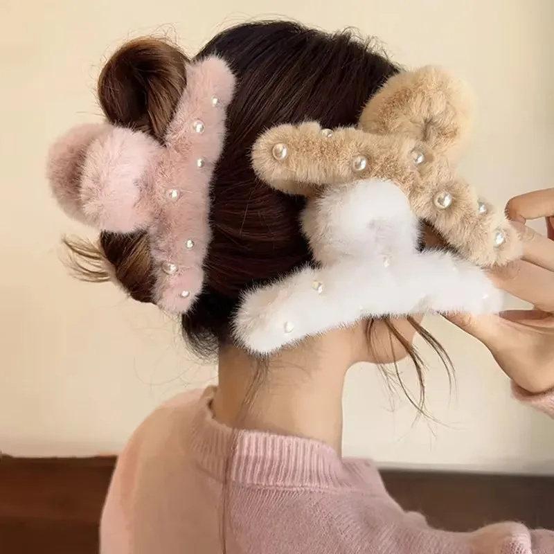 Carino perla peluche artiglio dei capelli clip dolce 14 cm grande granchio clip di capelli clip di squalo per le donne ragazza tornante autunno inverno accessorio per capelli