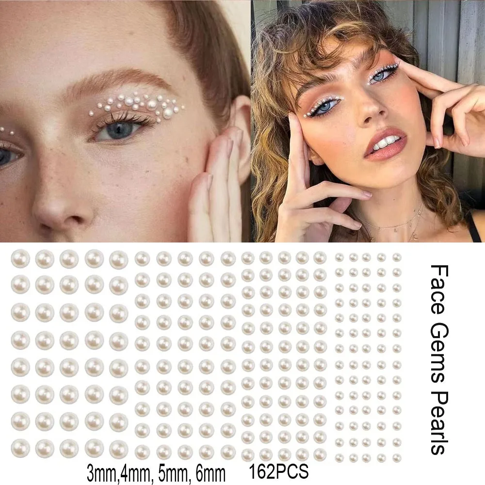 162Pcs/Sheet 3D Pearl Rhinestones Face Stickers Mini Crystal Diamond & Pearl Gemstone Tattoo Decals for Makeup Eye Photo Props
