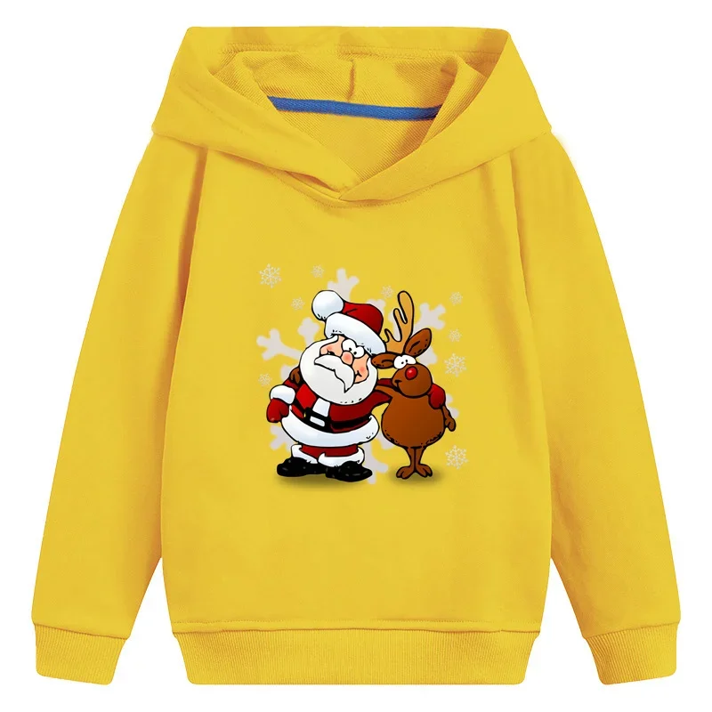 Santa And Deer Merry Christmas Cartoon Kids Hooded Hoodies Funny Girls Clothes Children Sweatshirts Baby Pullover Tops,KMT2022