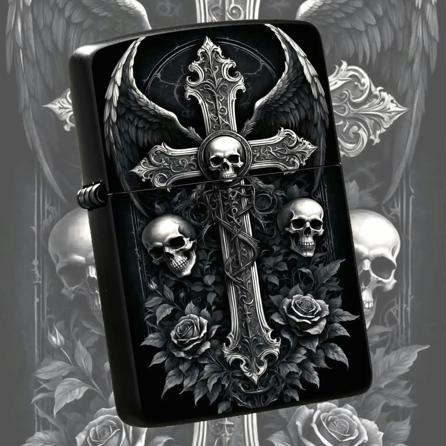 Gothic Dark Style Carved Cross Wing Pattern Lighter, Retro Skull Rose Art Decor Portable Ignition Accessory, Ideal For Daily Use Outdoor Camping, Unique Stylish Collectible Gift For Gothic Aesthetic Lovers A Humorous And Interesting Lighter