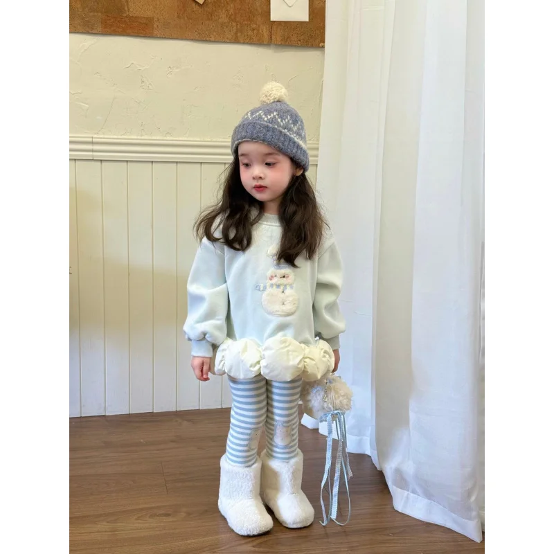 

Girls' Children's Outfit2025Autumn and Winter New Fleece Cartoon Sweatshirt for Girls Baby Striped Leggings Children's Set Whole