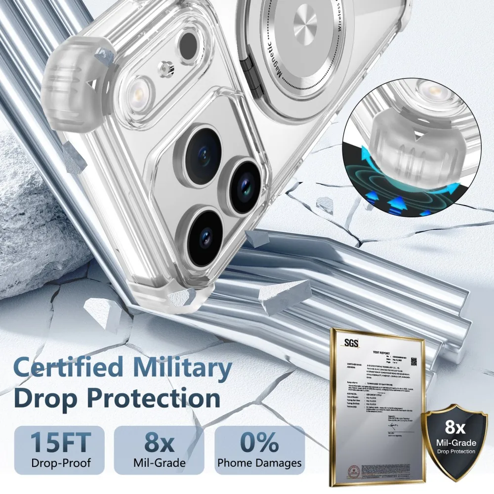 iPhone 17 Pro Max/17/Air/17 Pro Max用 透明 マグネット式 360°保護ケース ° 回転金属リングカーホルダー落下防止ケース Fundas