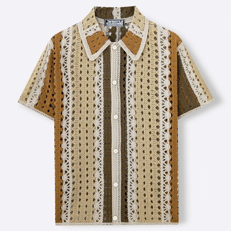New 2026 Spring Summer Men's Hollow Out Knitted Shirts Casual Men Cardigan Streetwear Crochet Short Sleeve Polo Shirts SY0061