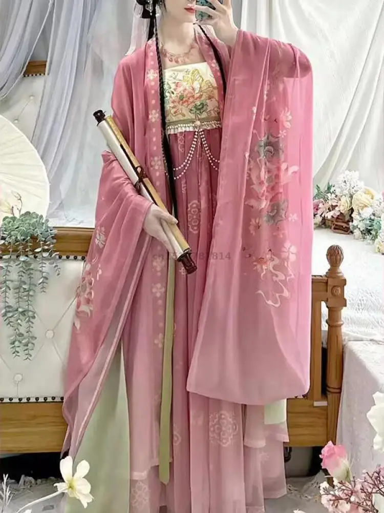 

New 2026 Chinese Hanfu Dress Women Pink Embroidered Tang Dynasty Hanfu Halloween Carnival Cosplay Costume Party Hanfu Dress