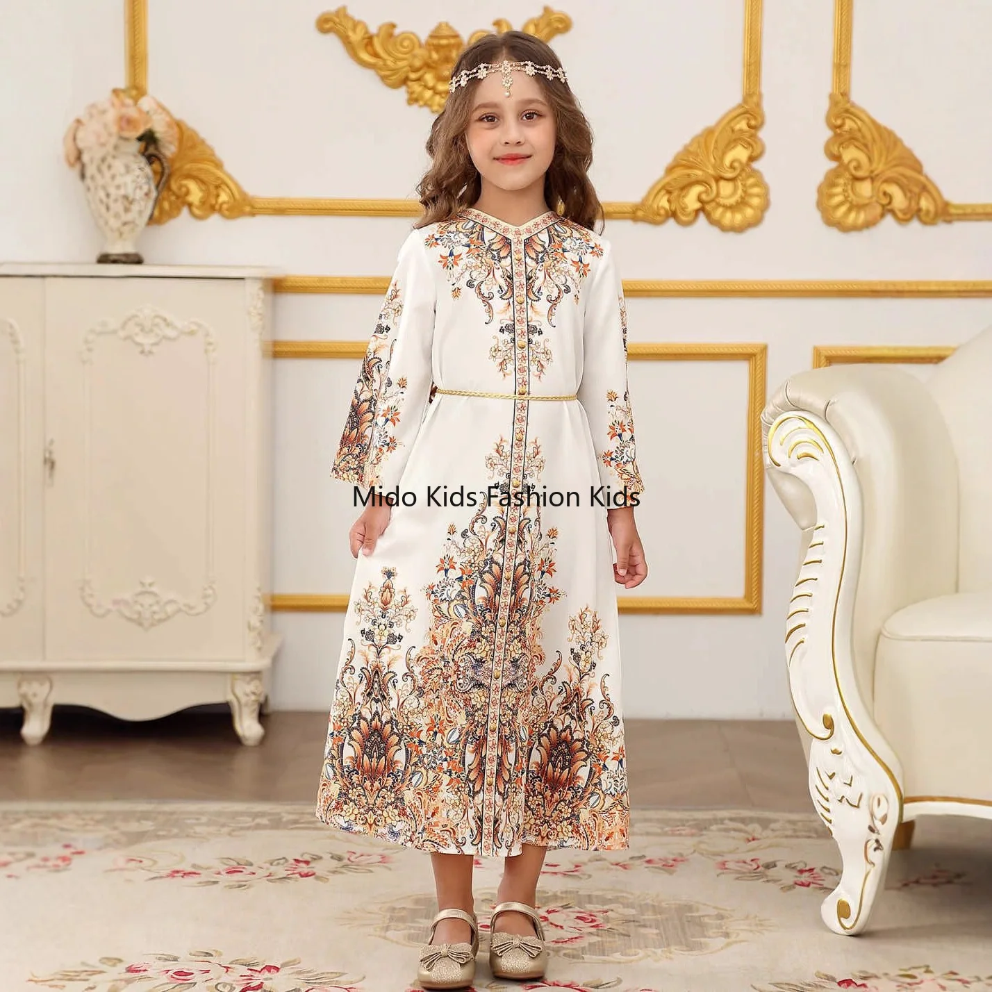 Children's Arabian Turkish Dubai Robe Girls Long Dresses Gowns Girls Printed Dresses Middle East