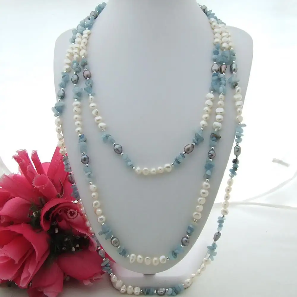 

Натуральный белый картофель, пресноводный жемчуг, маленькое грубые длинное ожерелье с аквамарином