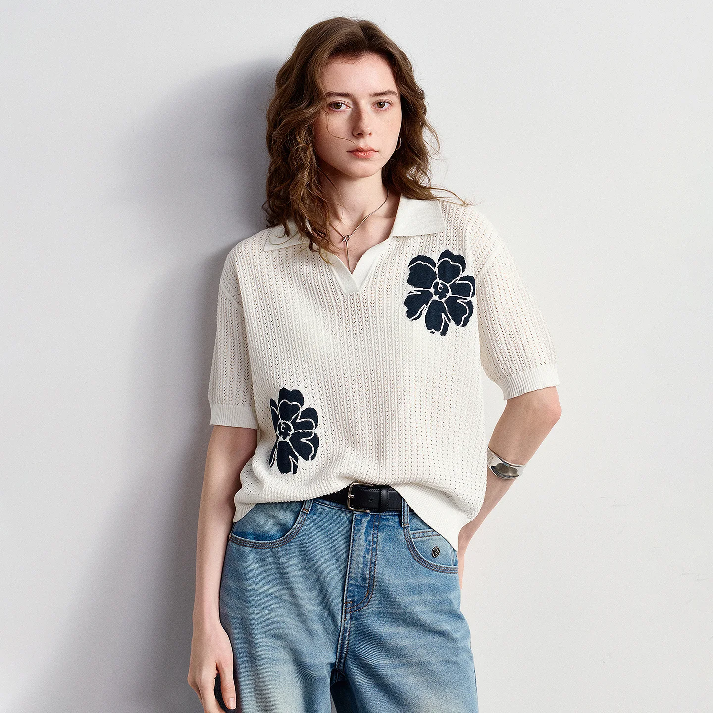 Women's Hollow Cable Knit Polo Shirt - Pullover