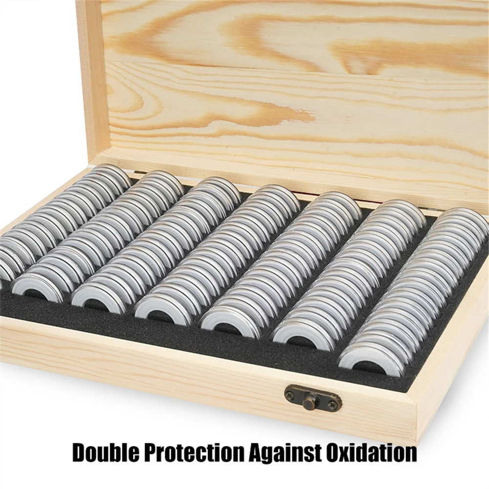 100PCS Coins Storage Box Adjustable Antioxidative Woode Commemorative Coin Collection Case with Adjustment Pad