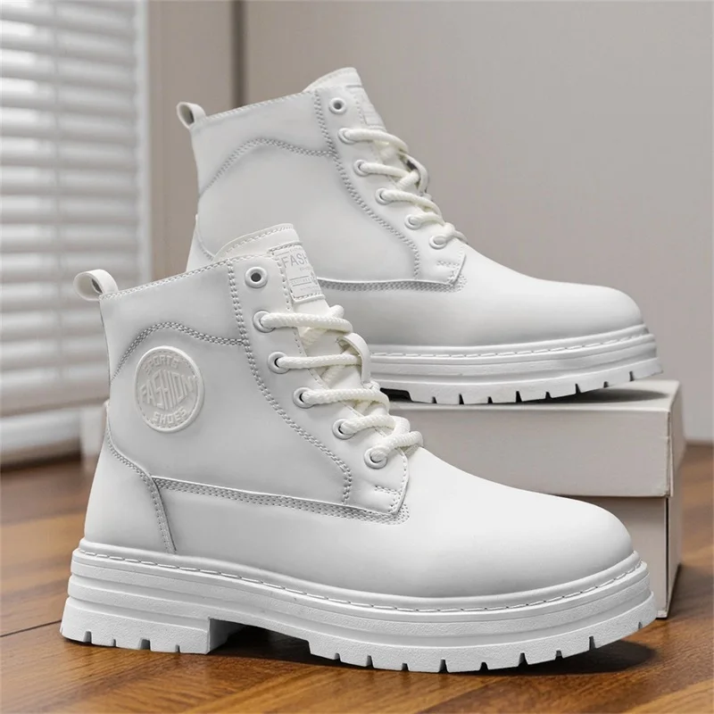

Classic White Men's Boots Comfortable PU Leather Working Shoes For Men Lace-Up Platform Motorcycle Ankle Boots Men botas hombre