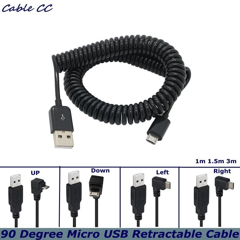 3-metrowy kabel przejściowy USB 2.0 A męski na Micro USB 5-pinowy pod kątem 90 stopni spiralny kabel przejściowy 5 stóp do odtwarzaczy MP3 aparatu cyfrowego