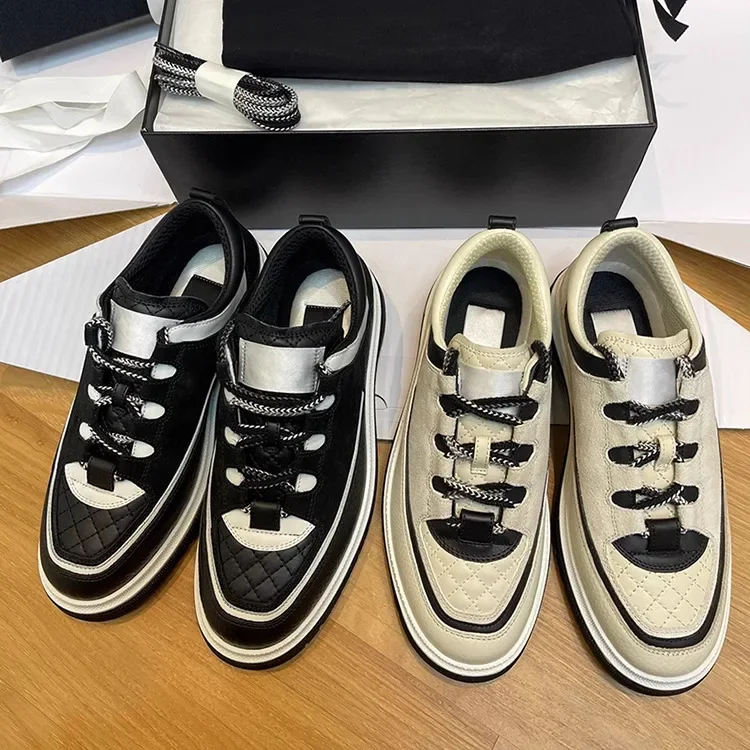 

2025 New Fashion Panda Color Thick Sole Lace Up Leather Casual Women Sneakers