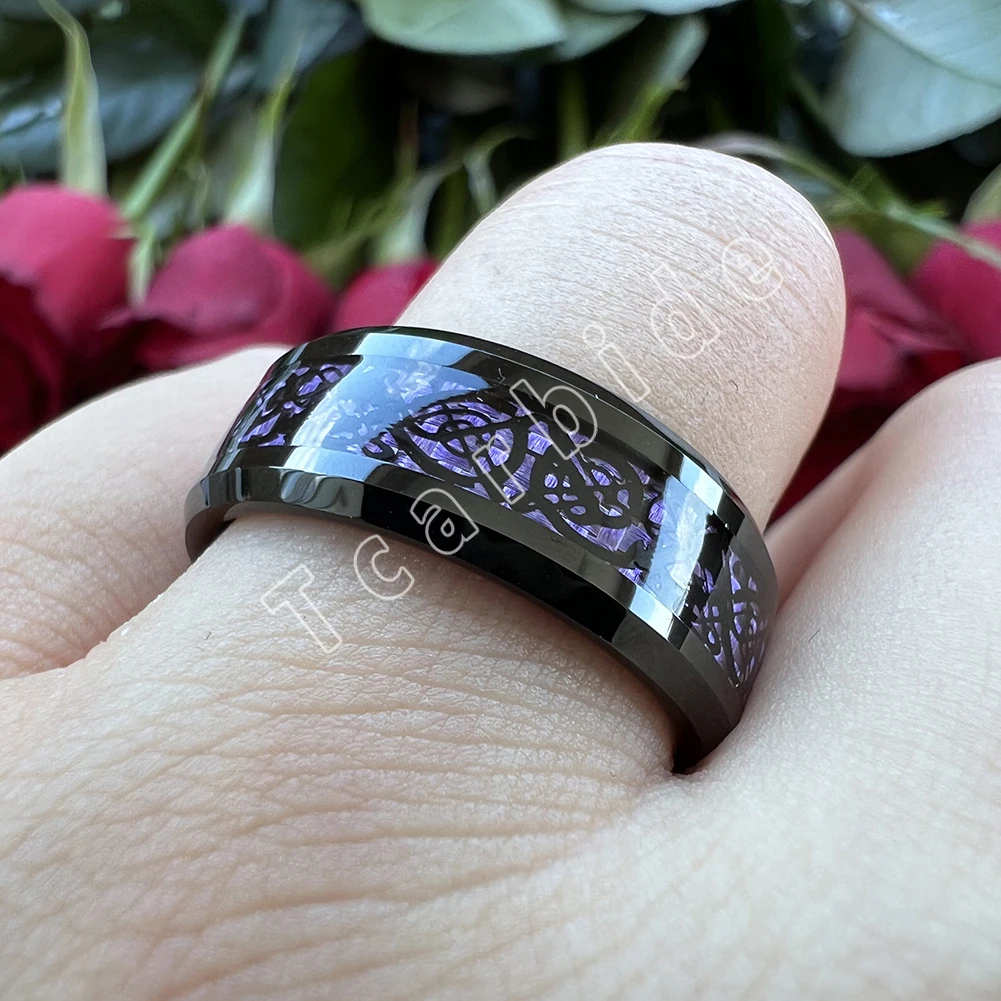 8MM Black Mens Womens Tungsten Carbide Engagement Wedding Ring With Red Opal Dragon Inlay Superior Gift Jewelry Comfort Fit