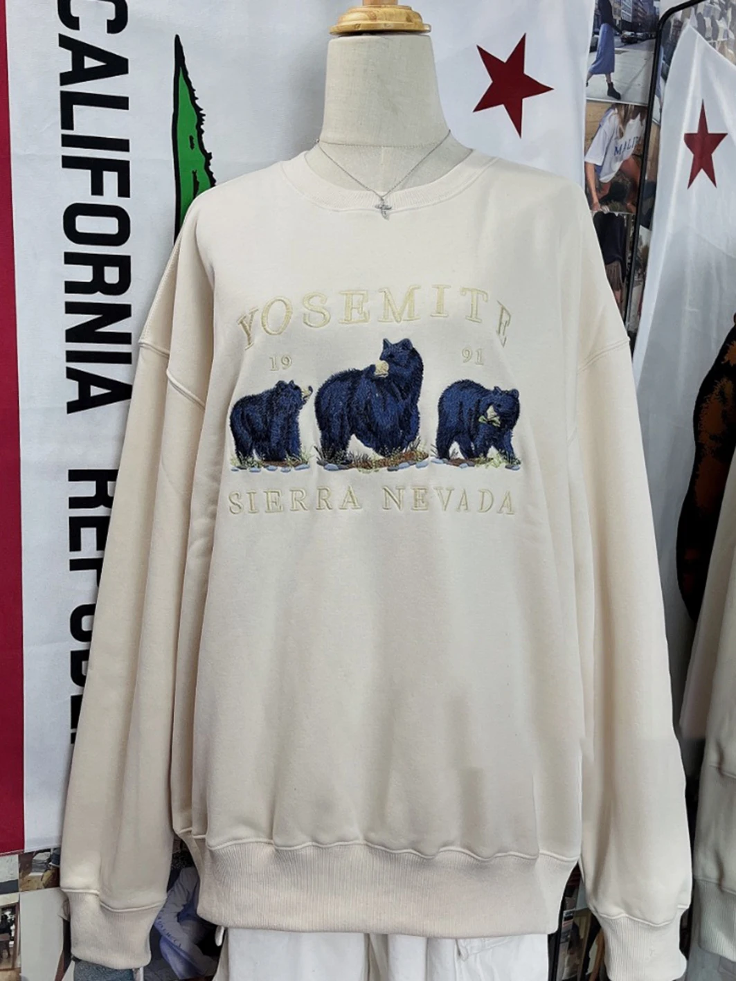 Felpa beige con ricamo Three Little Bears Donna O-Collo Manica lunga in cotone Dolce felpa con cappuccio allentata Felpe casual Top