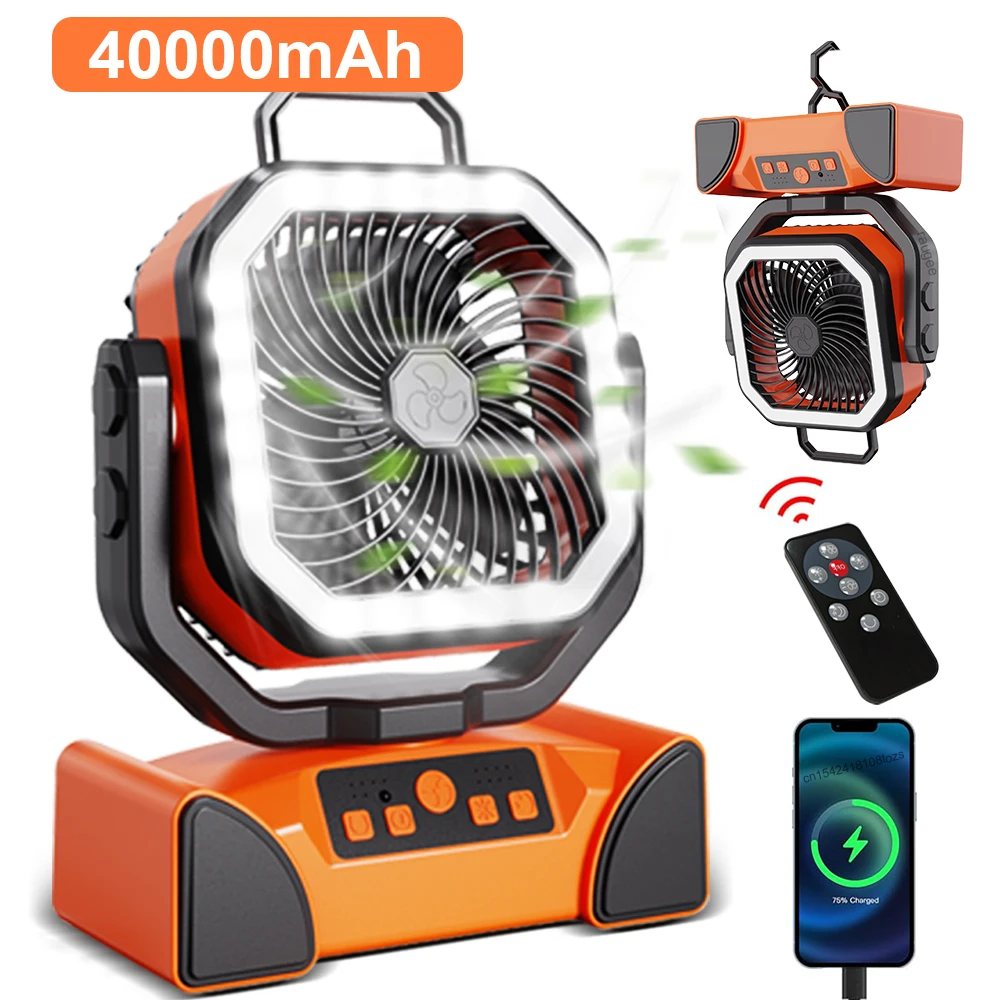 

40000mAh Rechargeable Camping Fan Portable Wireless Outdoor Tent Hook Ceiling Fan Air Circulation Fan with LED Light and Remote
