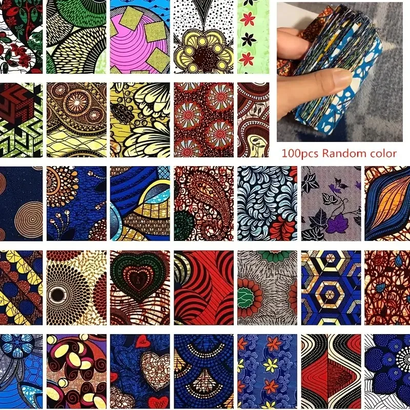 100 Stück afrikanische Stoffquadrate, vorgeschnittene Polyester-Patchwork-Bündel, mehrfarbige Muster, handwaschbarer, feiner Patchwork-Stoff