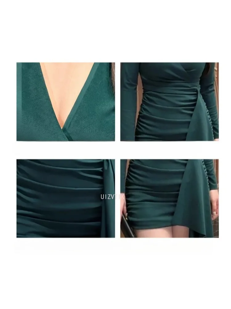 Vestido de satén verde Sexy para mujer, minivestido drapeado ajustado con escote en V profundo y manga abombada, elegante, para fiesta de noche, novedad de 2025