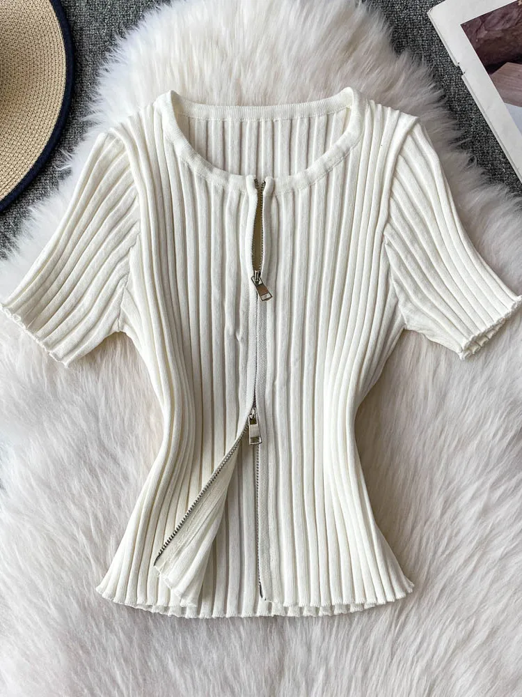 

Summer 2025 Women's Knitted Slim Fit round Ne T-irt Double Zipper Design Elastic Waist Slimming Top Korean Sle Ice Silk