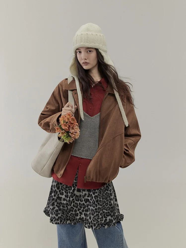 LITLECOT サドルブラウン スエード ショートコート レディース 秋冬 新スタイル カジュアル 多用途 アウター ストレートカット 長袖 ジッパー