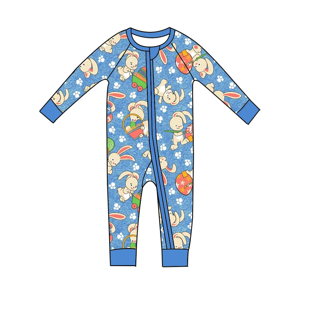 New Brother and Sister Clothing Boutique Children's Clothing Easter Long Sleeve Zipper Jumpsuit Bunny Flower Print Girls Boys