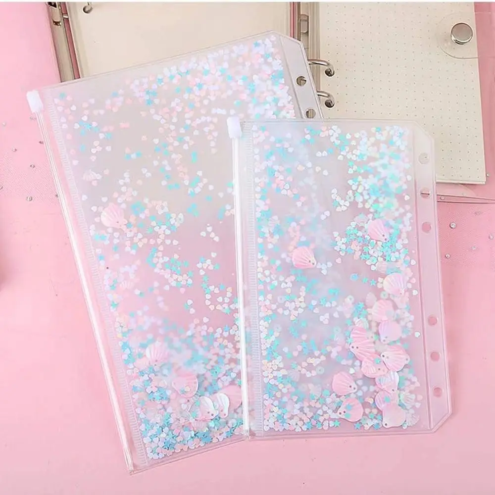 루즈리프 지퍼 글리터 스팽글 표준 6공 파일 보관 가방 내부 포켓 파일 홀더 바인더 수납 파우치 A5/A6