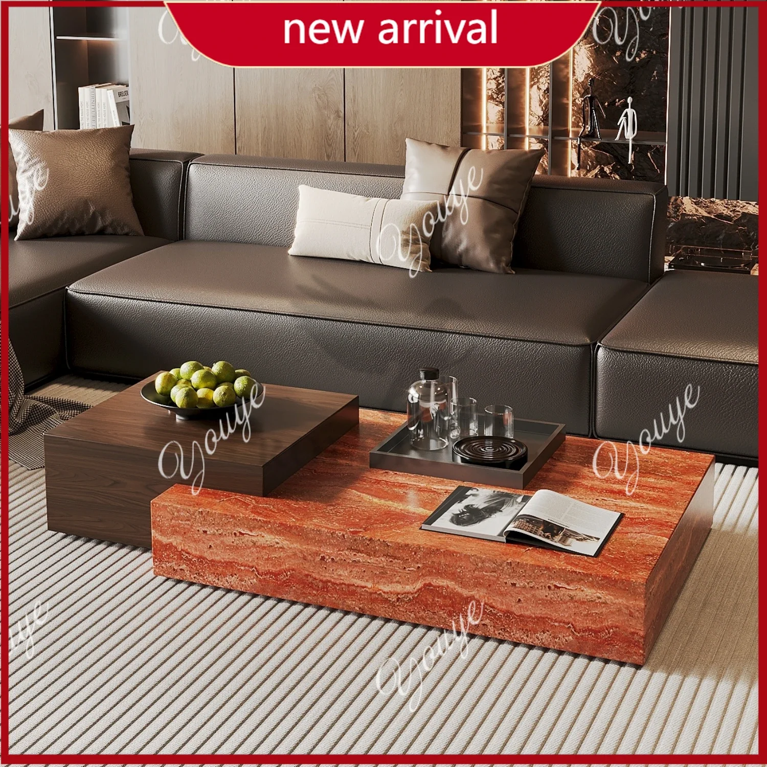 N40 Red Travertine Combination Coffee Table Retro Style Living Room High-end Luxury Stone Light Luxury Tea Table Corner Table